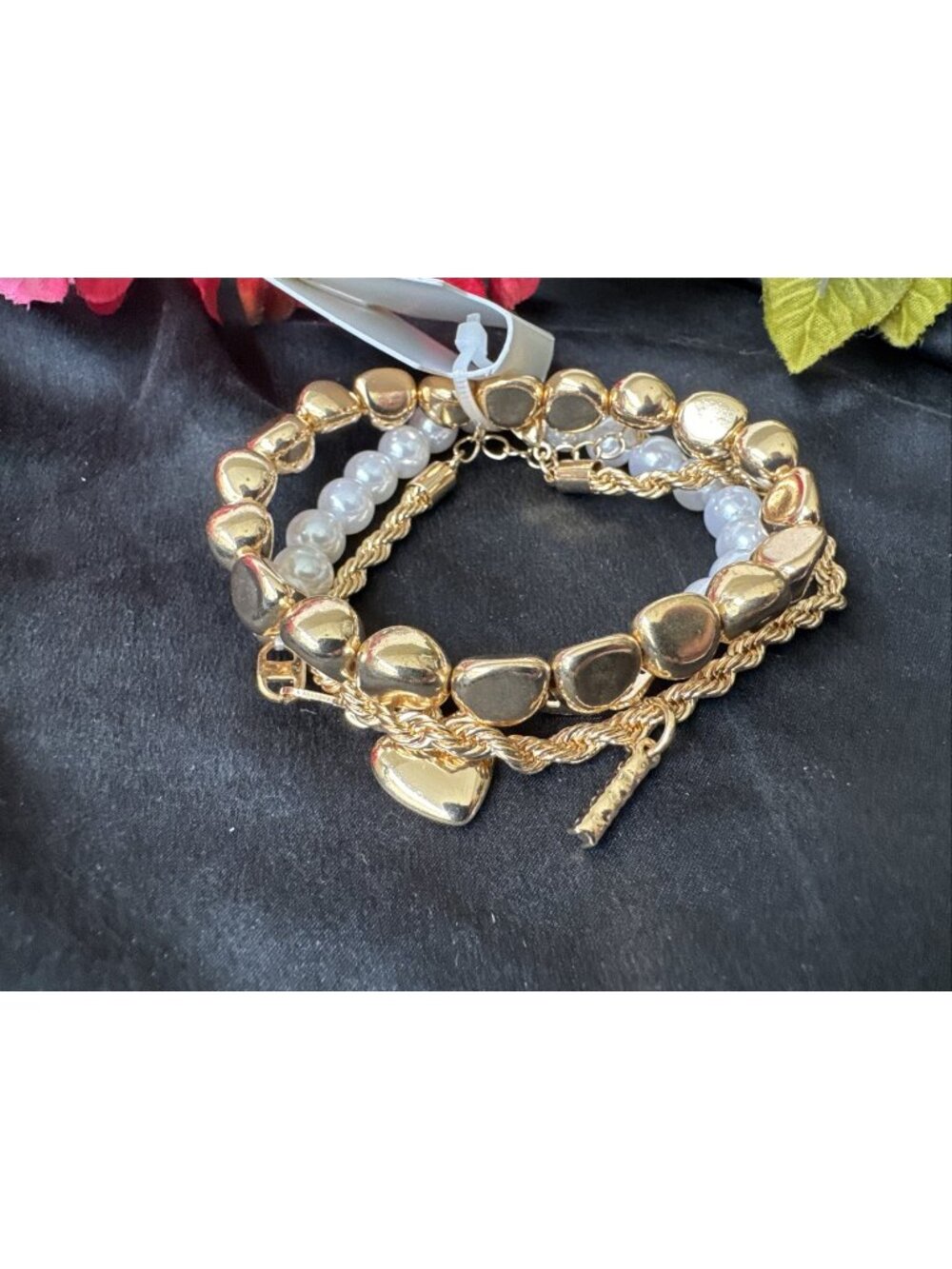Laundry Stacked Goldtone Pearl Charm WIde Link Chains Bracelet SET of 3 NEW